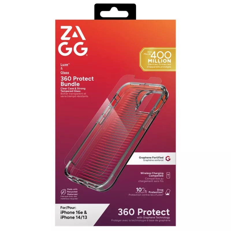ZAGG 700518204 Luxe + Glass 360 Set (Rückseitenabdeckung + Glas) für Apple iPhone 16e/14/13, Transparent