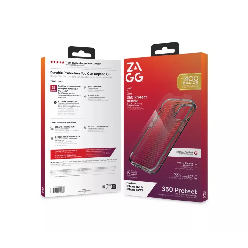 ZAGG 700518204 Luxe + Glass 360 Set (Rückseitenabdeckung + Glas) für Apple iPhone 16e/14/13, Transparent