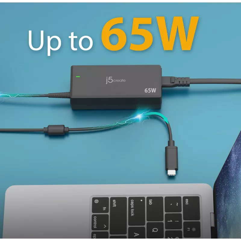 USB-C PD Power Adapter j5create JUP1265 — 65W, Indoor, Schwarz, Kunststoff, 118×32×50 mm (EU)