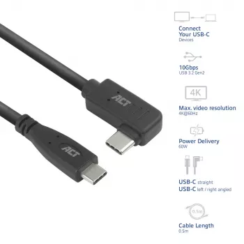 ACT USB 3.0 10Gbps 60W USB Type-C (gerade) auf USB Type-C (links/rechts abgewinkelt) Kabel, 0,5 Meter