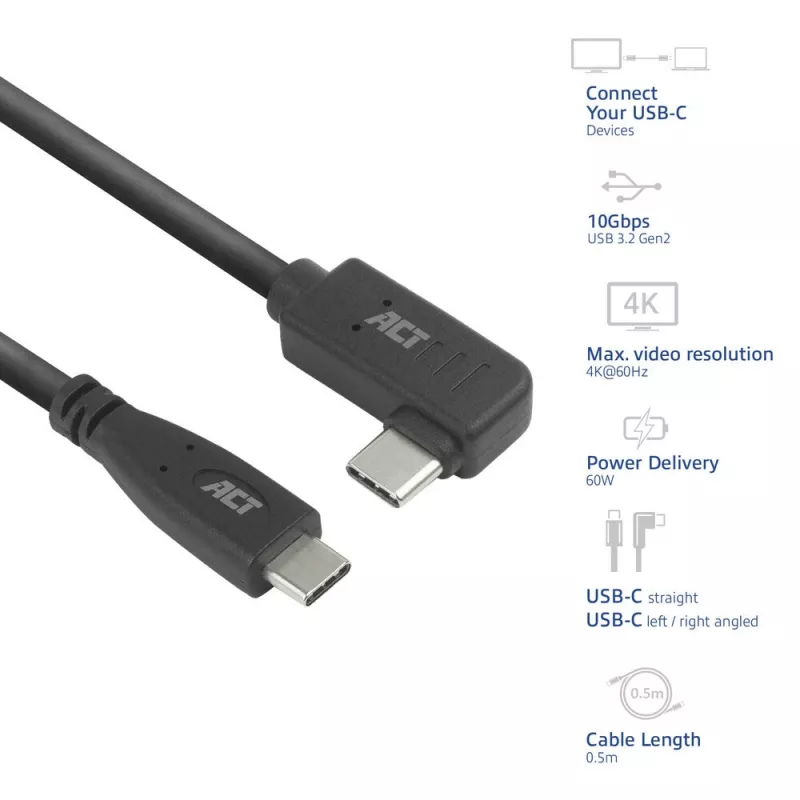 ACT USB 3.0 10Gbps 60W USB Type-C (gerade) auf USB Type-C (links/rechts abgewinkelt) Kabel, 0,5 Meter