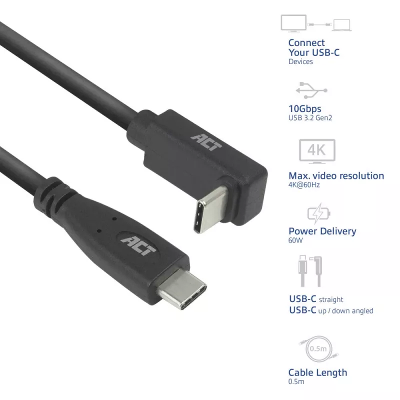 ACT USB 3.0 10Gbps 60W USB Type-C (gerade) auf USB Type-C (aufwärts/abwärts abgewinkelt) Kabel, 1 Meter