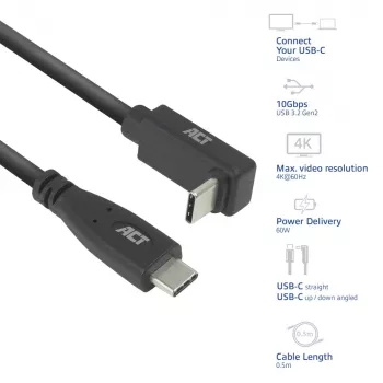 ACT USB 3.0 10Gbps 60W USB Type-C (gerade) auf USB Type-C (auf-/abwärts gewinkelt) Kabel, 2 Meter