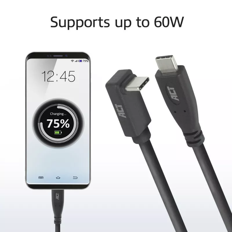 ACT USB 3.0 10Gbps 60W USB Type-C (gerade) auf USB Type-C (auf-/abwärts gewinkelt) Kabel, 2 Meter