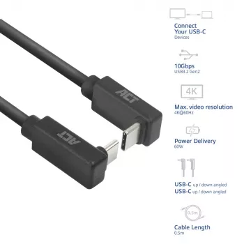 ACT USB 3.0 10Gbps 60W USB Type-C (nach oben/unten abgewinkelt) auf USB Type-C (nach oben/unten abgewinkelt) Kabel, 0,5 Meter