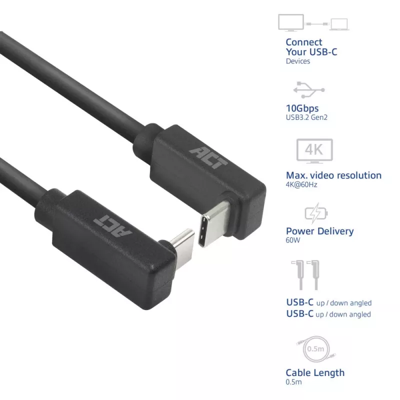 ACT USB 3.0 10Gbps 60W USB Type-C (nach oben/unten abgewinkelt) auf USB Type-C (nach oben/unten abgewinkelt) Kabel, 1 Meter
