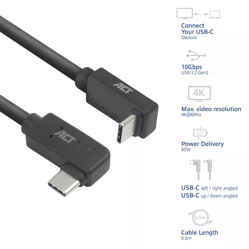 ACT USB 3.0 10 Gbit/s 60 W USB Type-C (links/rechts abgewinkelt) auf USB Type-C (oben/unten abgewinkelt) Kabel, 1 Meter
