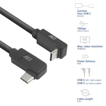 ACT USB 3.0 10Gbps 60W USB Type-C (links/rechts abgewinkelt) zu USB Type-C (auf/ab abgewinkelt) Kabel, 2 Meter