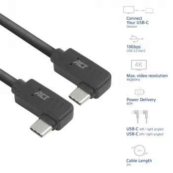 ACT USB 3.0 10Gbps 60W USB Type-C (links/rechts abgewinkelt) zu USB Type-C (links/rechts abgewinkelt) Kabel, 0,5 Meter