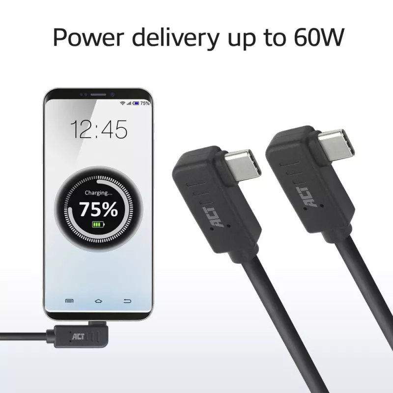 ACT USB 3.0 10 Gbit/s 60 W USB Type-C (links/rechts abgewinkelt) auf USB Type-C (links/rechts abgewinkelt) Kabel, 1 Meter
