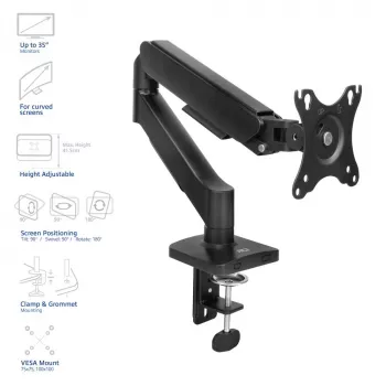 Monitorarm ACT für 35-Zoll-Bildschirme, Gasfeder, Einzelmonitor, Klemme/Tischdurchführung, bis 9 kg, VESA 75x75–100x100, Neigung ±45°, Schwarz