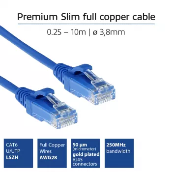ACT Blau 1,5 Meter LSZH U/UTP CAT6 Rechenzentrums-Slimline-Patchkabel rastnasenfrei mit RJ45-Steckern