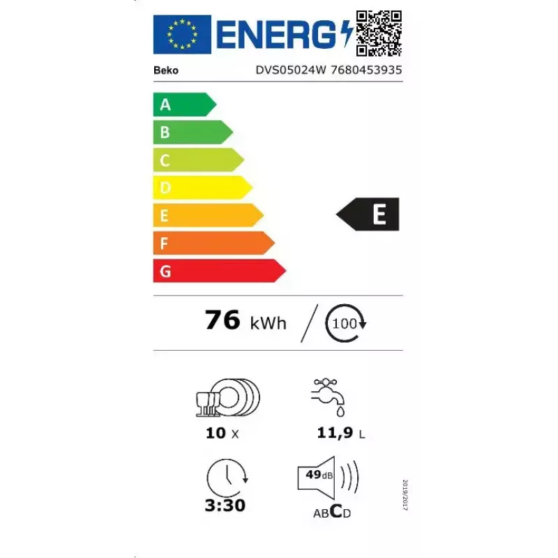 Schmale freistehende Spülmaschine BEKO DVS05024W — 10 Maßgedecke, 45 cm, 49 dB, Energieklasse E
