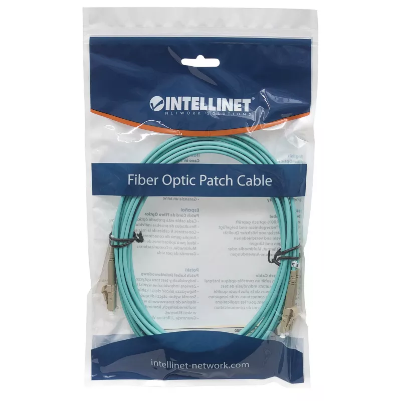 Intellinet Glasfaser-Patchkabel, OM3, LC/LC, 2 m, Aqua, Duplex, Multimode, 50/125 µm, LSZH, Faser, Lebenslange Garantie