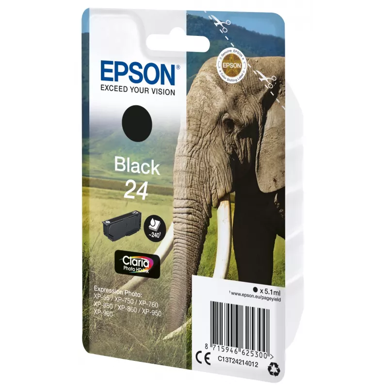 Epson Elephant Singlepack Schwarz 24 Claria Photo HD Tinte, Schwarz, Pigmenttinte, 5,1 ml, 1 Stück, 240 Seiten, Einzelpack