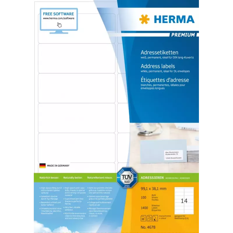 Adressetiketten Premium HERMA A4 99,1x38,1 mm 1400 Stück