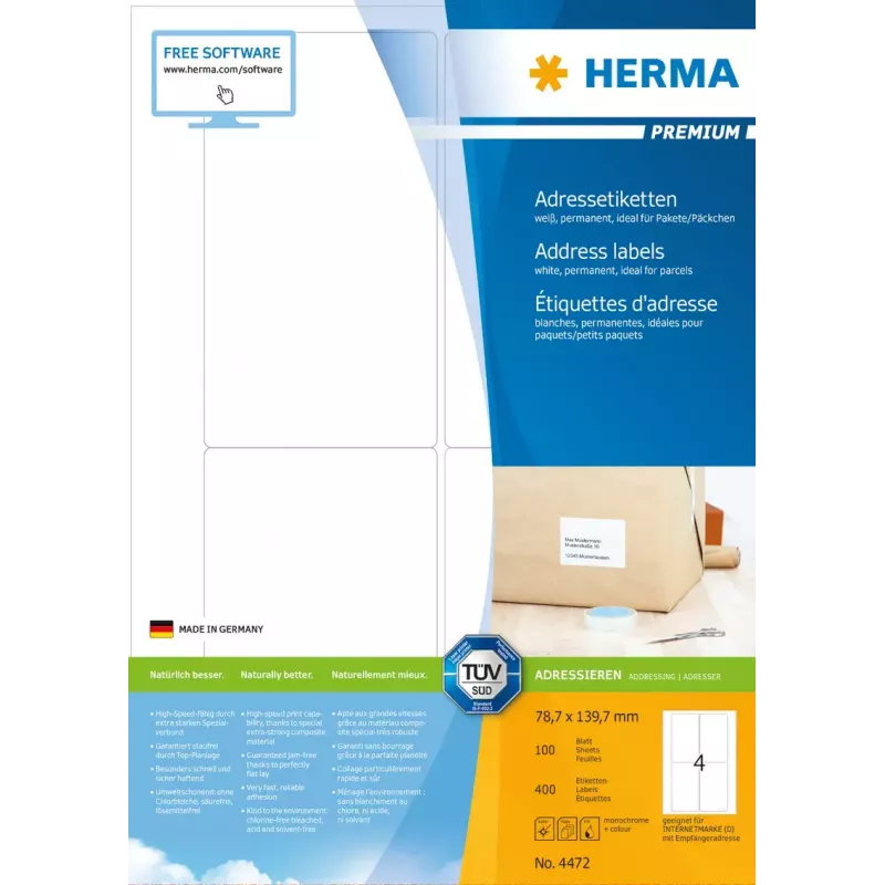 Adressetiketten Premium HERMA 4472 A4 78,7x139,7 mm 400 Stück