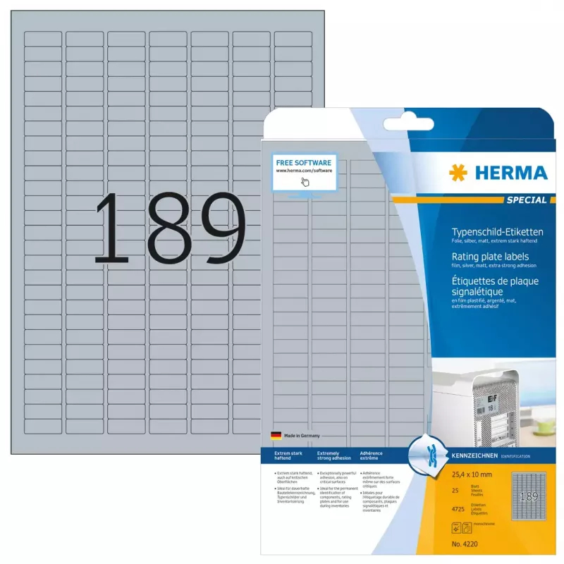 Typenschild-Etiketten HERMA 4725 Stück A4 25x10 mm Silber