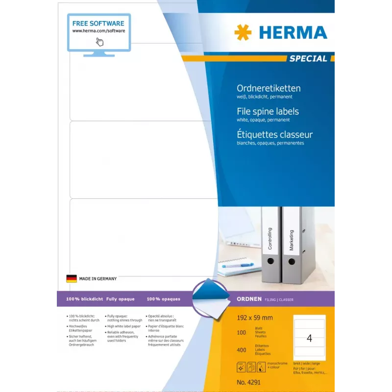 Selbstklebende Druckeretiketten HERMA Ordneretiketten A4 192x59 mm