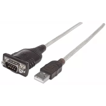 Manhattan USB-A-zu-Seriell-Konverterkabel, 45 cm, Stecker auf Stecker, Seriell/RS232/COM/DB9, FTDI FT232RL-Chip, Windows 11-kompatibel (plus vorherige Betriebssysteme), Schwarz/Silber-Kabel, drei Jahre Garantie, entspricht ICUSB2321F.