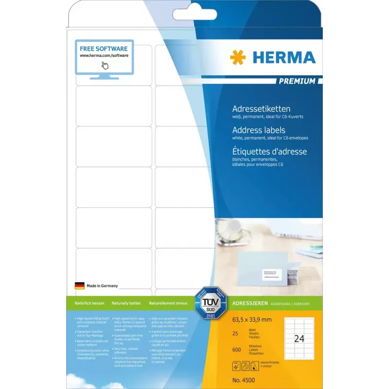 Adressetiketten Premium HERMA A4 63,5x33,9 mm 600 Stück