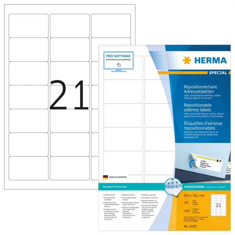 Wiederablösbare Adressetiketten HERMA 63,5x38,1 mm 2100 Stück