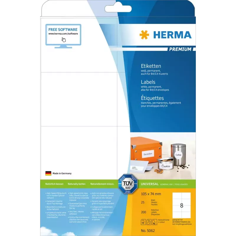 Selbstklebende Druckeretiketten HERMA Labels Premium A4 105x74 mm