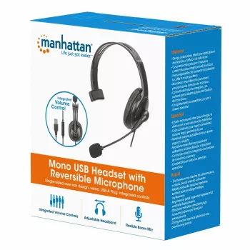 Manhattan Mono Over-Ear Headset (USB), Reversible Microphone Boom (gepolstert), Einzelhandelsverpackung, In-Line-Lautstärke-/Stummschaltsteuerung, Gepolstertes Ohrkissen, USB-A für Ton- und Mikrofonnutzung, Kabel 2 m, Drei Jahre Garantie