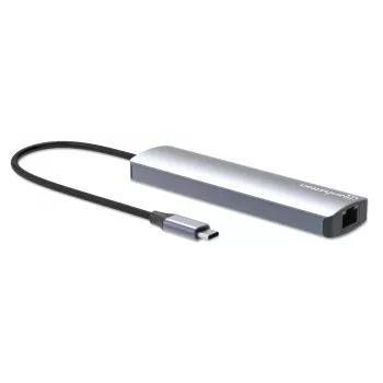 Manhattan USB-C Dock/Hub, Anschlüsse (x6): Ethernet, HDMI, USB-A (x3) und USB-C, mit Power Delivery (PD) 100W – benötigt externes USB-C-Ladegerät (nicht im Lieferumfang). USB-betrieben (kein externes Netzteil erforderlich), wenn PD nicht verwendet wird