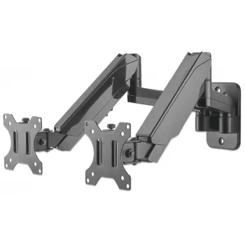 Manhattan Dual-Wandhalterung für TV & Monitore (Vollbewegungs-Gasdruckfeder), Für Bildschirme 17 Zoll bis 32 Zoll, VESA-Kompatibilität: 75x75mm und 100x100mm – prüfen Sie die Abmessungen der vier Befestigungslöcher auf der Rückseite des Bildschirms, um die Passform sicherzustellen, Max. 8 kg je Arm, Schwarz, Halterung