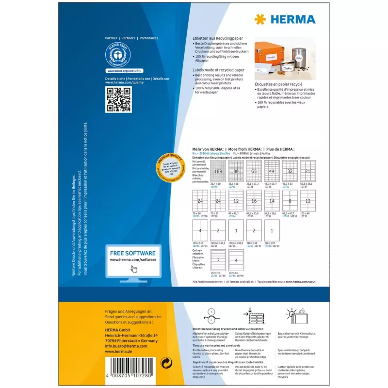 HERMA 10728 Universal-Etiketten Recycling, 70 x 36 mm, selbstklebend, permanent haftend, naturweiß