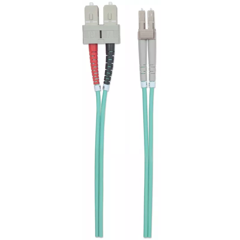 Intellinet Glasfaser-Patchkabel, OM3, LC/SC, 2m, Aqua, Duplex, Multimode, 50/125 µm, LSZH, Glasfaser, lebenslange Garantie