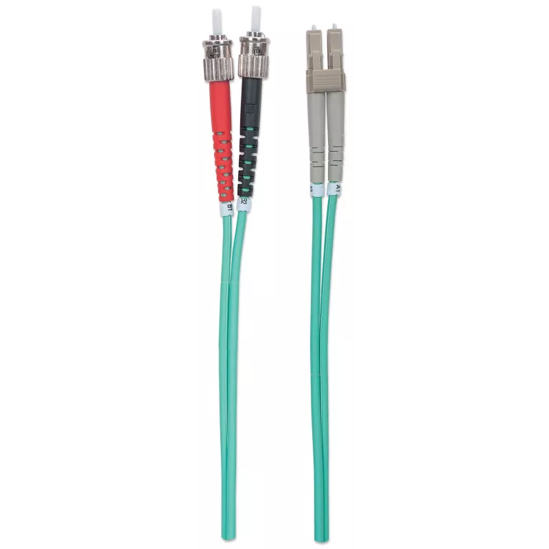 Intellinet LWL-Patchkabel, OM3, ST/LC, 2 m, Aqua, Duplex, Multimode, 50/125 µm, LSZH, Glasfaser, lebenslange Garantie