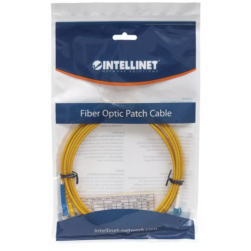 Intellinet Glasfaser-Patchkabel, OS2, LC/ST, 2 m, Gelb, Duplex, Singlemode, 9/125 µm, LSZH, Faser, lebenslange Garantie