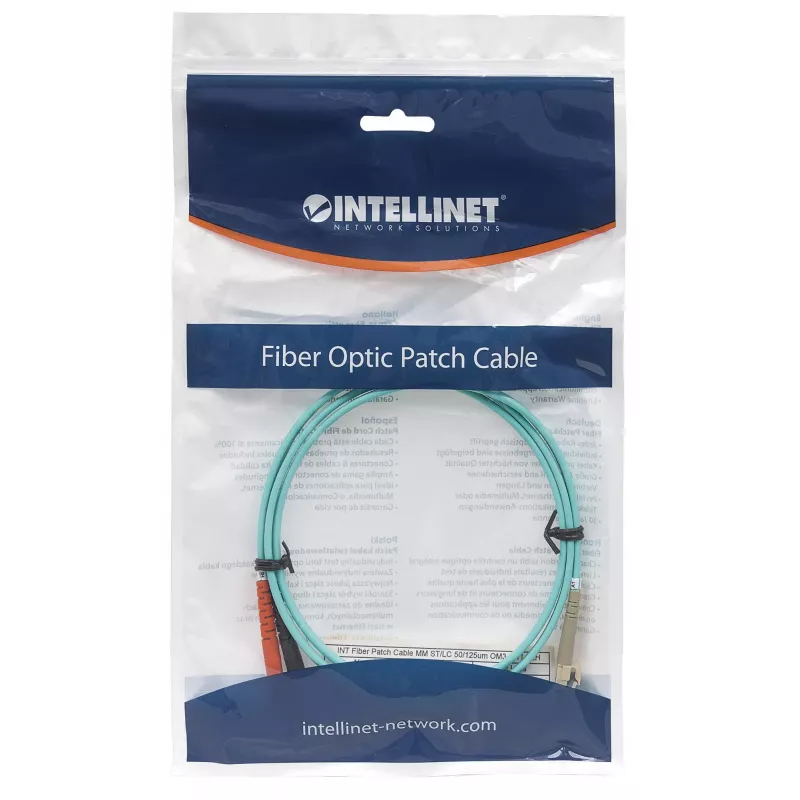 Intellinet Glasfaser-Patchkabel, OM3, ST/LC, 5 m, Aqua, Duplex, Multimode, 50/125 µm, LSZH, Faser, Lebenslange Garantie