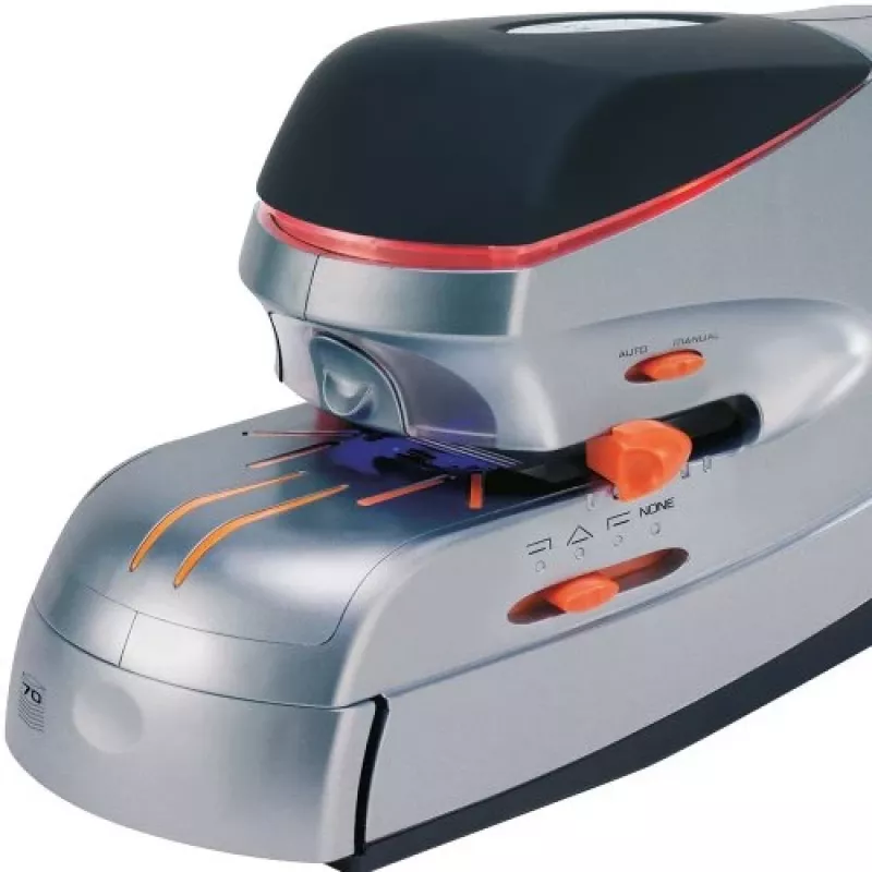 Rexel Optima 70 Elektrisches Heftgerät, 70 Blatt, Metall, Schwarz/Silber/Orange