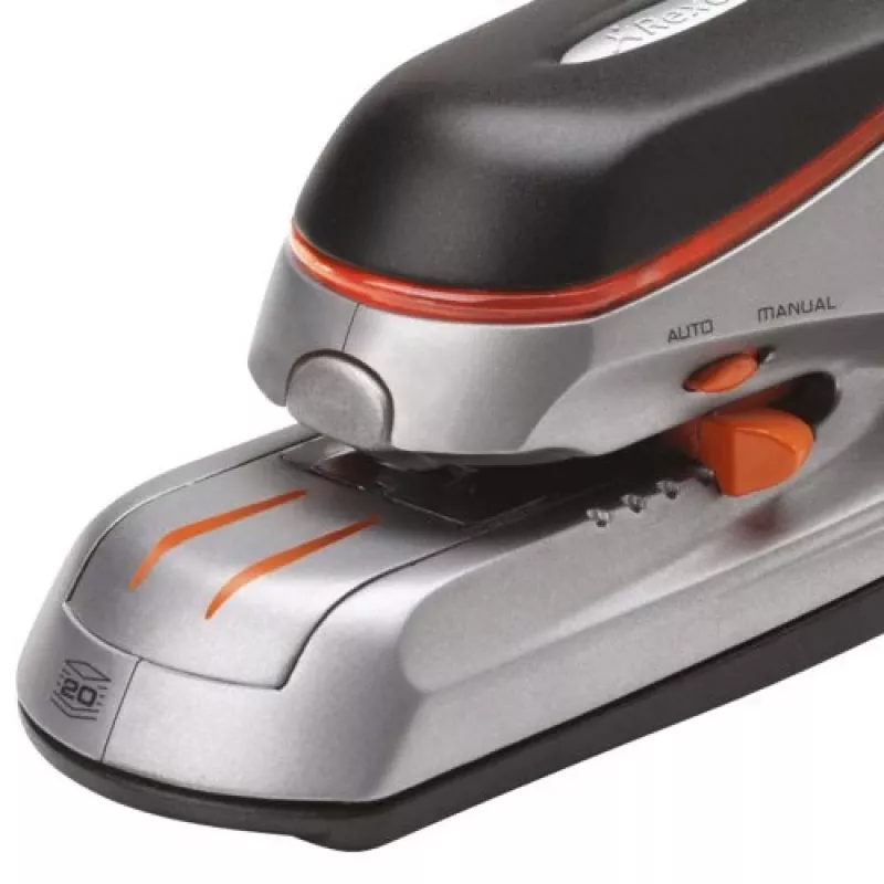 Rexel Optima 20 Elektrisches Heftgerät, 20 Blatt, 42 mm Einlegetiefe, ABS/Metall, Weiß/Grau/Blau