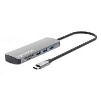 Manhattan USB-C-Dock/Hub mit Kartenleser, Anschlüsse (x7): Ethernet, HDMI, USB-A (x3) und USB-C (x2), mit Power Delivery (PD) 100 W – benötigt externes USB-C-Ladegerät (nicht im Lieferumfang). USB-betrieben (kein externes Netzteil erforderlich), wenn PD nicht verwendet wird.