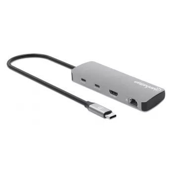 Manhattan USB-C-Dock/Hub mit Kartenleser, Anschlüsse (x7): Ethernet, HDMI, USB-A (x3) und USB-C (x2), mit Power Delivery (PD) 100 W – benötigt externes USB-C-Ladegerät (nicht im Lieferumfang). USB-betrieben (kein externes Netzteil erforderlich), wenn PD nicht verwendet wird.