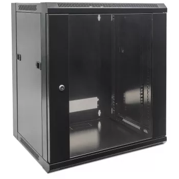 Intellinet 19-Zoll-Netzwerkschrank - Wandmontage (Standard), 15U, 450mm tief, Schwarz, Flatpack, max. 60kg, Metall- und Glastür, Rückwand, abnehmbare Seitenwände, auch für die Nutzung auf Schreibtisch oder Boden geeignet, nutzbare Tiefe 260mm bis 350mm, T