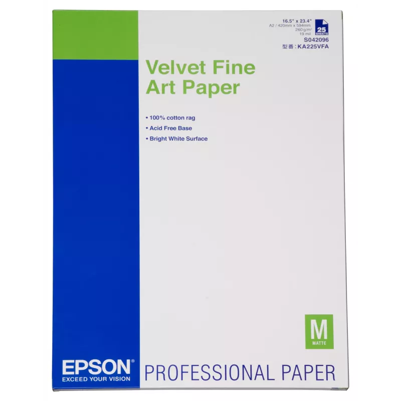 Epson Velvet Fine Art Papier, DIN A2, 260 g/m², 25 Blatt, 42 cm, Matt, 480 µm, 260 g/m²