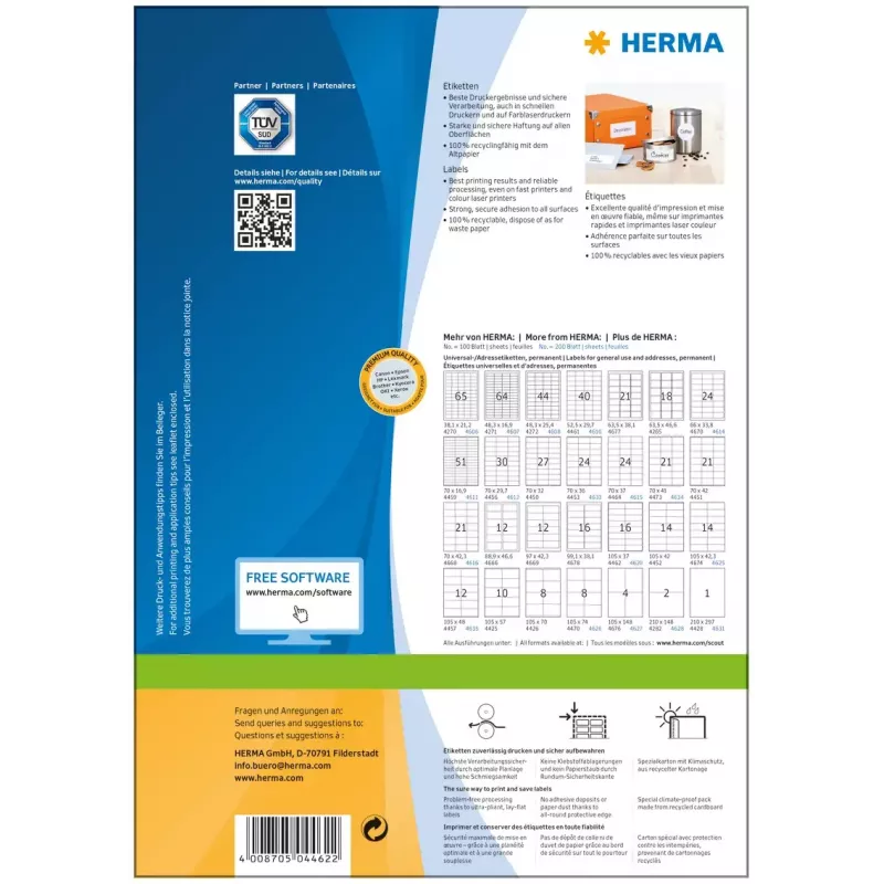 Selbstklebendes Druckeretikett HERMA Labels Premium A4 105x37 mm