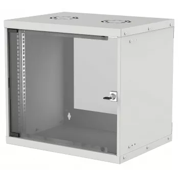 Intellinet 19-Zoll-Netzwerkschrank – Wandmontage (Basic), 9U, 560 mm tief, grau, Flatpack, max. 50 kg, nutzbare Tiefe 500 mm, Glastür, 19-Zoll-Rack, Teile für die Wandinstallation (z. B. Schrauben und Dübel) nicht im Lieferumfang enthalten