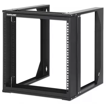 Intellinet 19-Zoll Wandmontage Open-Frame Netzwerkschrank, 9HE, Frontklappbarer Schwenkrahmen, flach verpackt, 2-Pfosten, 450 mm Tiefe, Schwarz RAL 9004