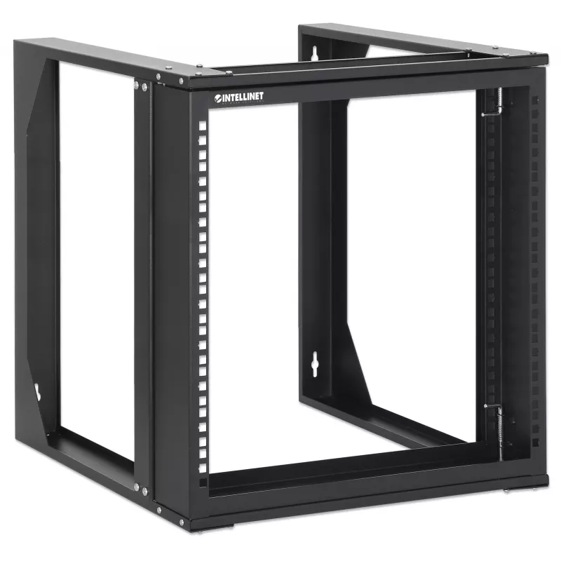 Intellinet 19-Zoll Wandmontage Open-Frame Netzwerkschrank, 9HE, Frontklappbarer Schwenkrahmen, flach verpackt, 2-Pfosten, 450 mm Tiefe, Schwarz RAL 9004