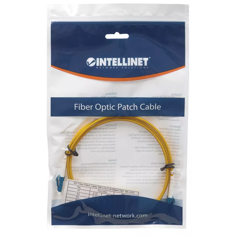 Intellinet Glasfaser-Patchkabel, OS2, LC/LC, 1 m, Gelb, Duplex, Singlemode, 9/125 µm, LSZH, Glasfaser, Lebenslange Garantie