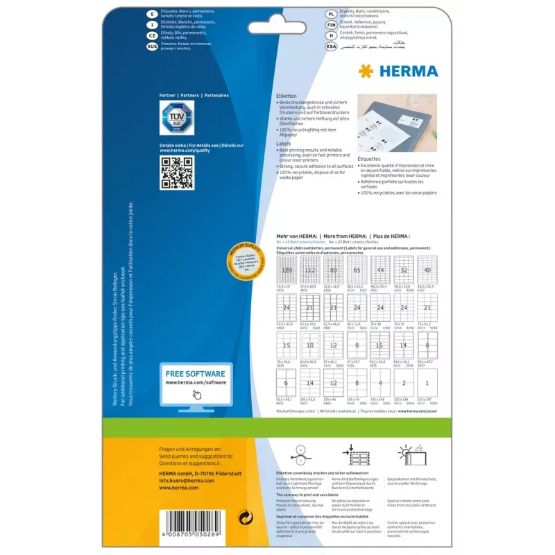 Selbstklebendes Druckeretikett HERMA Labels Premium A4 83.8x50.8 mm