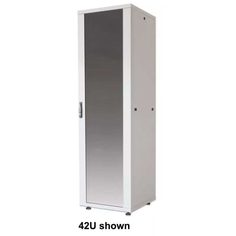Intellinet 19-Zoll Netzwerkschrank - Freistehend (Basic), 22HE, 600x800 mm (Breite x Tiefe), Grau, Flatpack, max. 600 kg, Einpunkt-Türschloss, ein Schloss pro Seitenwand, nutzbare Tiefe 123 bis 573 mm, IP20-zertifiziert, Stahl