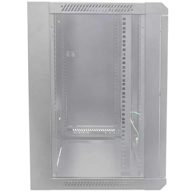 Intellinet 19-Zoll-Netzwerkschrank - Wandmontage (Standard), 9HE, 600 mm tief, Grau, Flatpack, max. 60 kg, auch als Tisch- oder Standgerät nutzbar, nutzbare Tiefe 410 mm, Metall- & Glastür, Rückwand, abnehmbare Seiten, Teile zur Wandmontage (z. B. Schrauben/Dübel) nicht enthalten