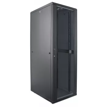 Intellinet 19-Zoll-Netzwerkschrank – freistehend, 32HE, 600 x 600 mm (B x T), schwarz, Flatpack, max. 1500 kg, Mehrpunkt-Türverriegelung, ein Schloss pro Seitenwand, nutzbare Tiefe 123 bis 373 mm, IP20, Rack, Stahl
